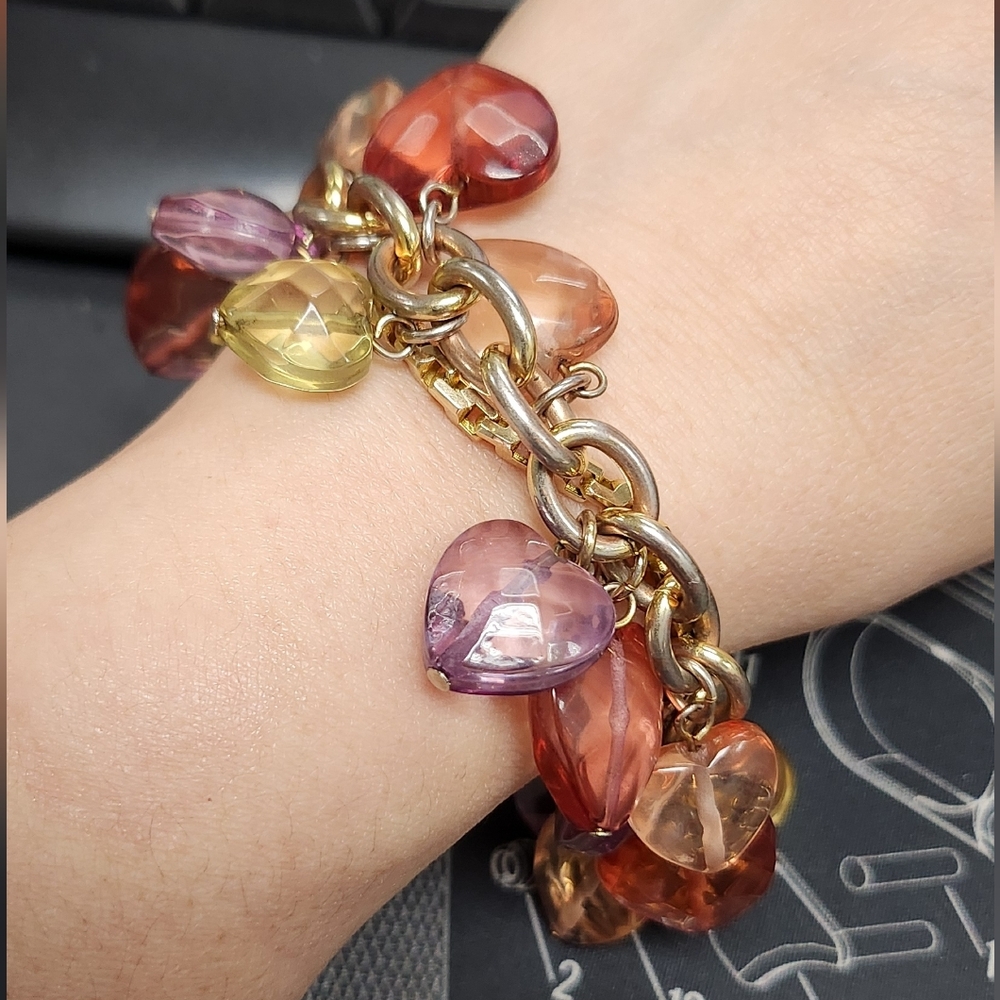 Gold-Tone Multicolor Heart Charm Bracelet - Pink, Orange, Yellow